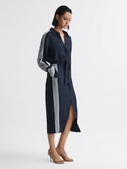 Reiss Navy Arabella Side Stripe Tie Front Midi Dress - Image 1 of 8