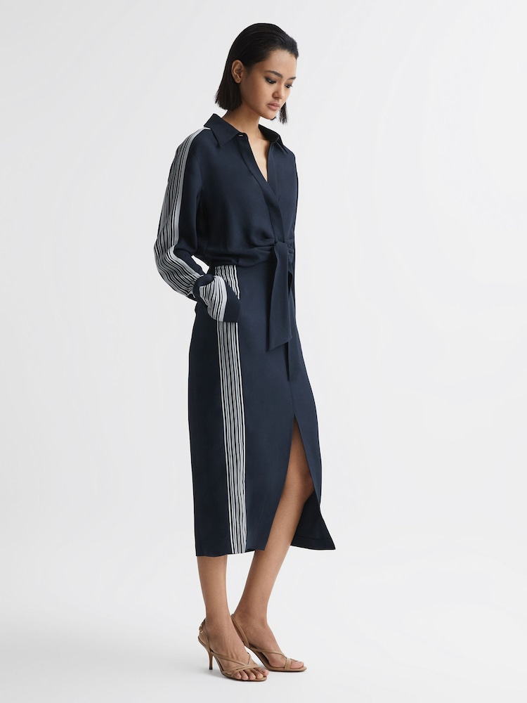 Reiss Navy Arabella Side Stripe Tie Front Midi Dress - Image 1 of 8