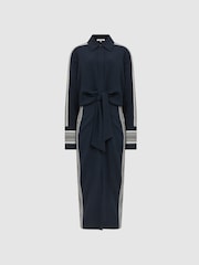 Reiss Navy Arabella Side Stripe Tie Front Midi Dress - Image 2 of 8