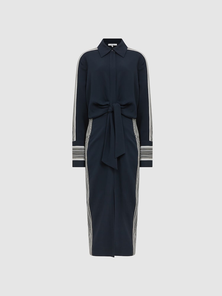 Reiss Navy Arabella Side Stripe Tie Front Midi Dress - Image 2 of 8