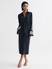 Reiss Navy Arabella Side Stripe Tie Front Midi Dress - Image 3 of 8