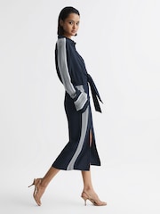 Reiss Navy Arabella Side Stripe Tie Front Midi Dress - Image 7 of 8