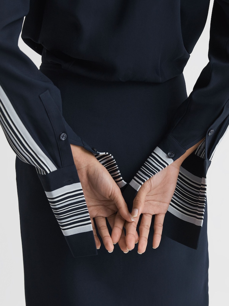 Reiss Navy Arabella Side Stripe Tie Front Midi Dress - Image 8 of 8