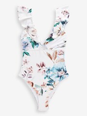 Floral blanc - Maillot de bain à volants et bride plongeant pour le contrôle du ventre - Image 5 of 5