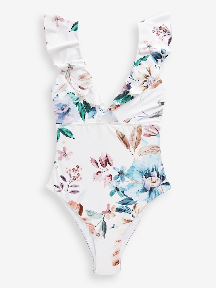 Floral blanc - Maillot de bain à volants et bride plongeant pour le contrôle du ventre - Image 5 of 5