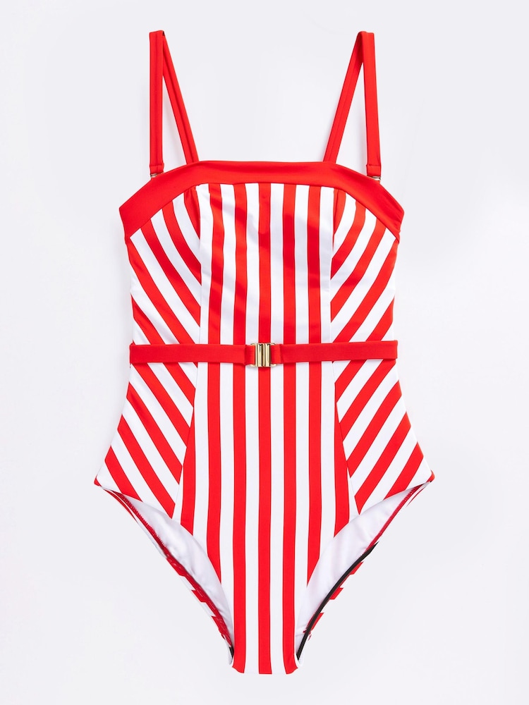 Czerwony/biały w paski - Bandeau Belted Tummy Control Swimsuit - Image 5 of 5