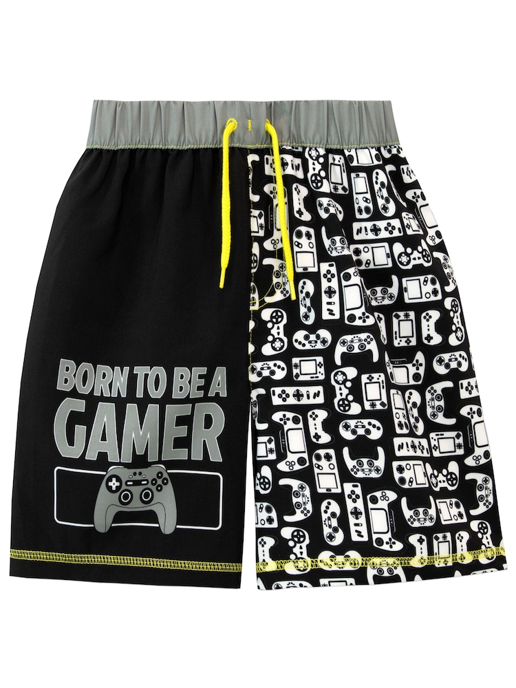 Character Black Gaming Board Born To Be A Gamer Swim Shorts - Image 1 of 3
