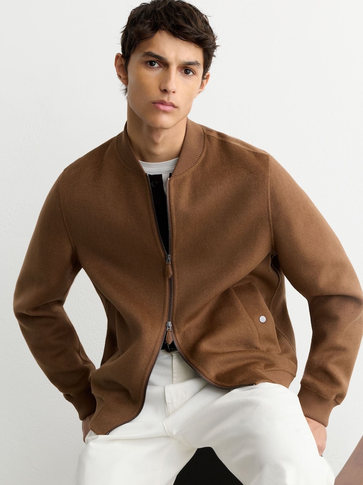 Reiss Tobacco Brown Canonbury Wool-Blend Zip-Through Bomber Jacket - Image 1 of 7