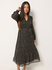 M&Co Brown Petite Animal Print Long Sleeve Ruffle Dress - Image 1 of 6