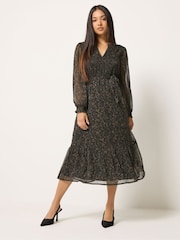 M&Co Brown Petite Animal Print Long Sleeve Ruffle Dress - Image 2 of 6