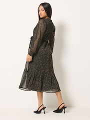 M&Co Brown Petite Animal Print Long Sleeve Ruffle Dress - Image 3 of 6