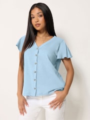 M&Co Blue Petite Button Frill Blouse - Image 1 of 5