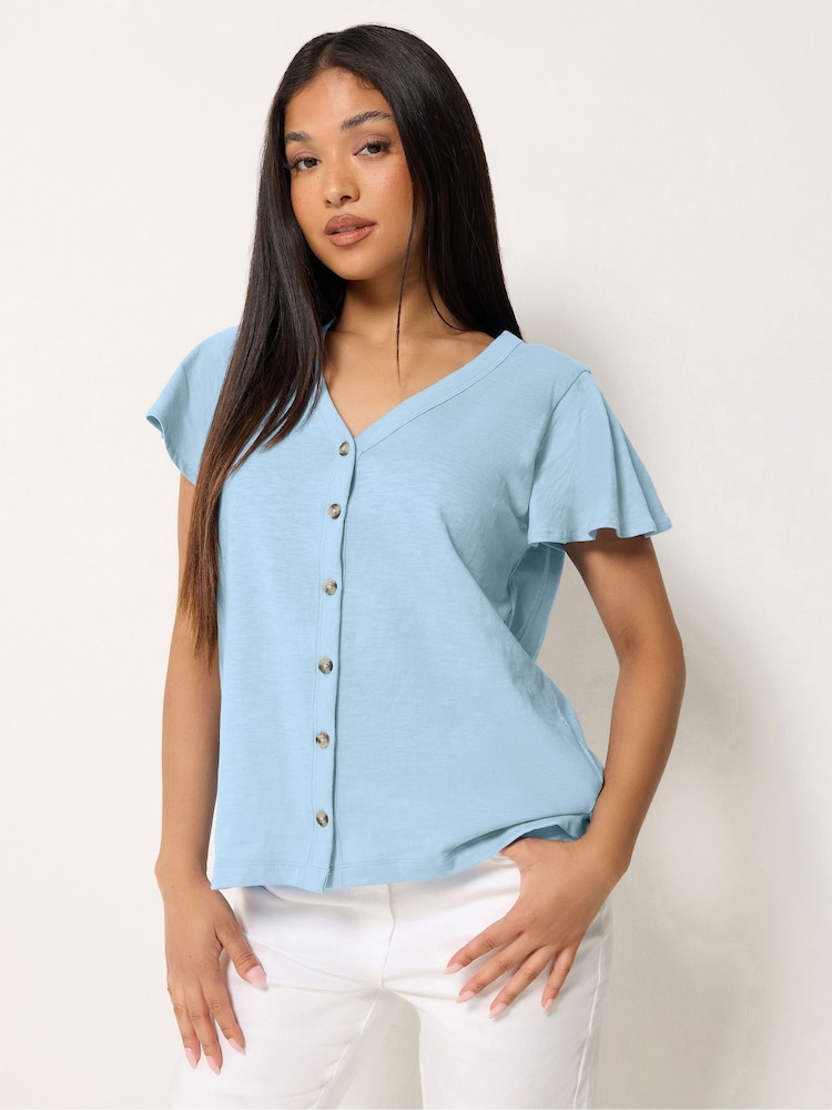 M&Co Blue Petite Button Frill Blouse - Image 1 of 5 M&Co Blue Petite Button Frill Blouse - Image 1 of 5