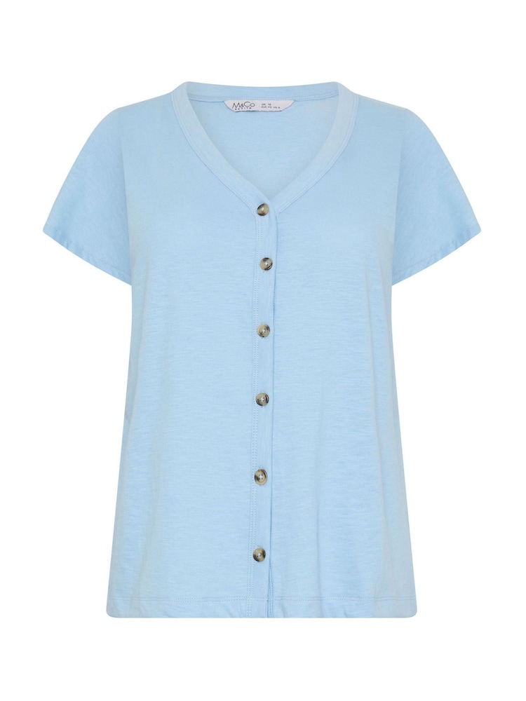 M&Co Blue Petite Button Frill Blouse - Image 5 of 5 M&Co Blue Petite Button Frill Blouse - Image 5 of 5
