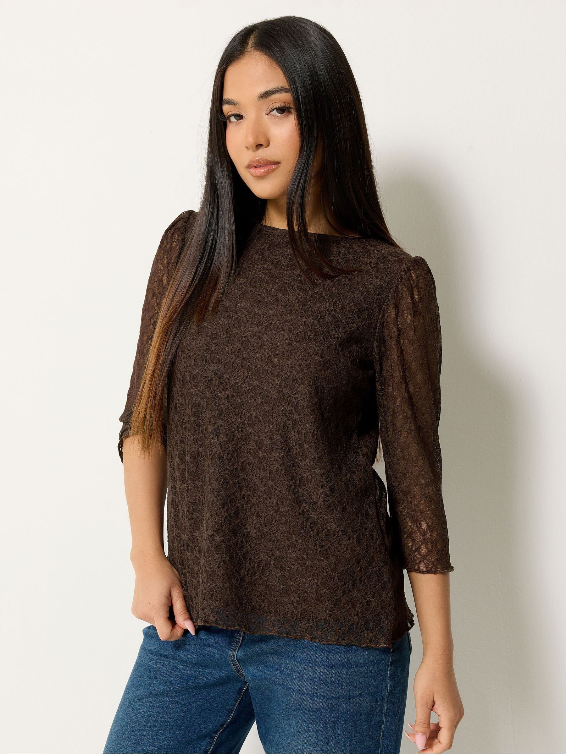 M&Co Women's Chocolate Petite Lace Top In | Size: 18 - Image 3