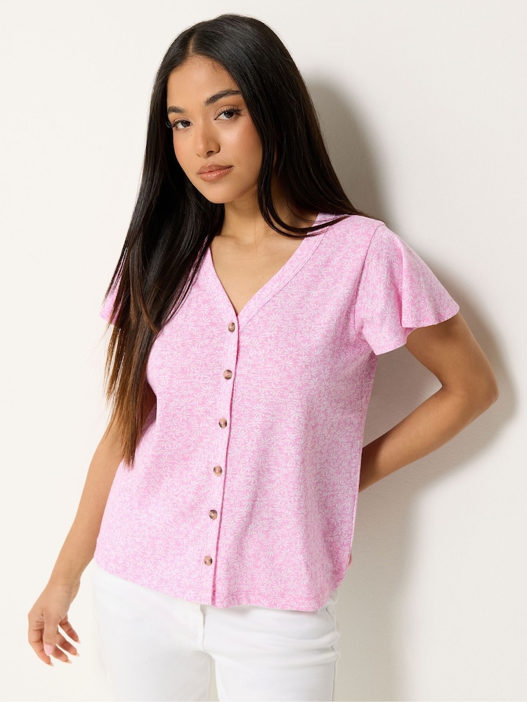 M&Co Pink Petite Printed Button Sleeve Blouse - Image 1 of 5 M&Co Pink Petite Printed Button Sleeve Blouse - Image 1 of 5
