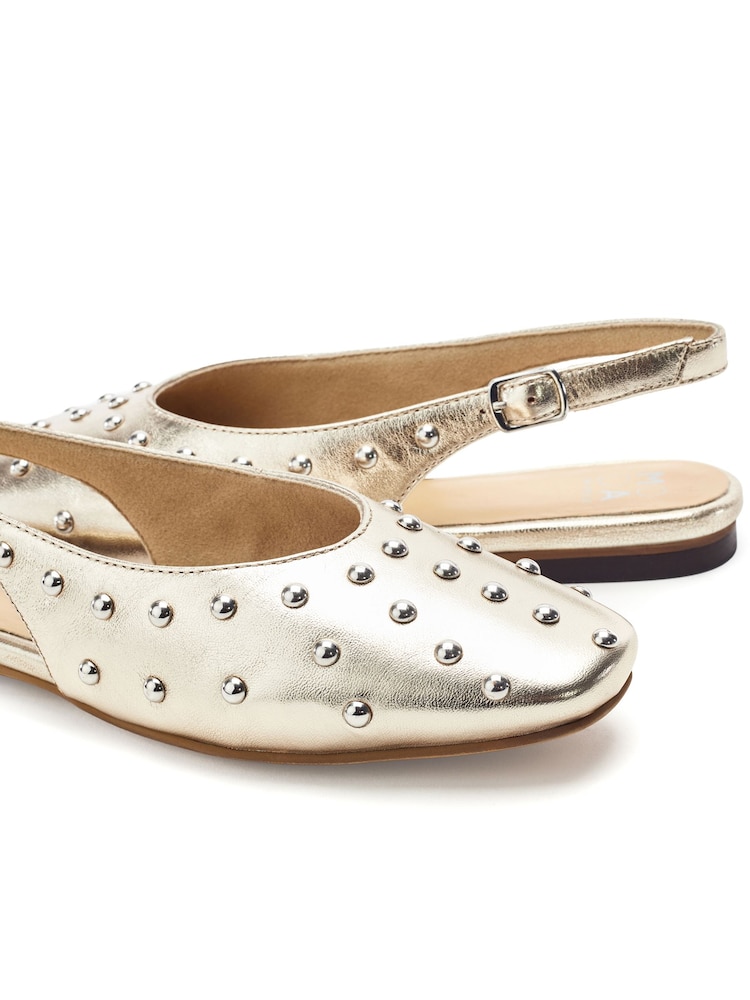 Moda in Pelle Gold Fiarra Leather Square Toe Stud Detail Pump - Image 2 of 3 Moda in Pelle Gold Fiarra Leather Square Toe Stud Detail Pump - Image 2 of 3