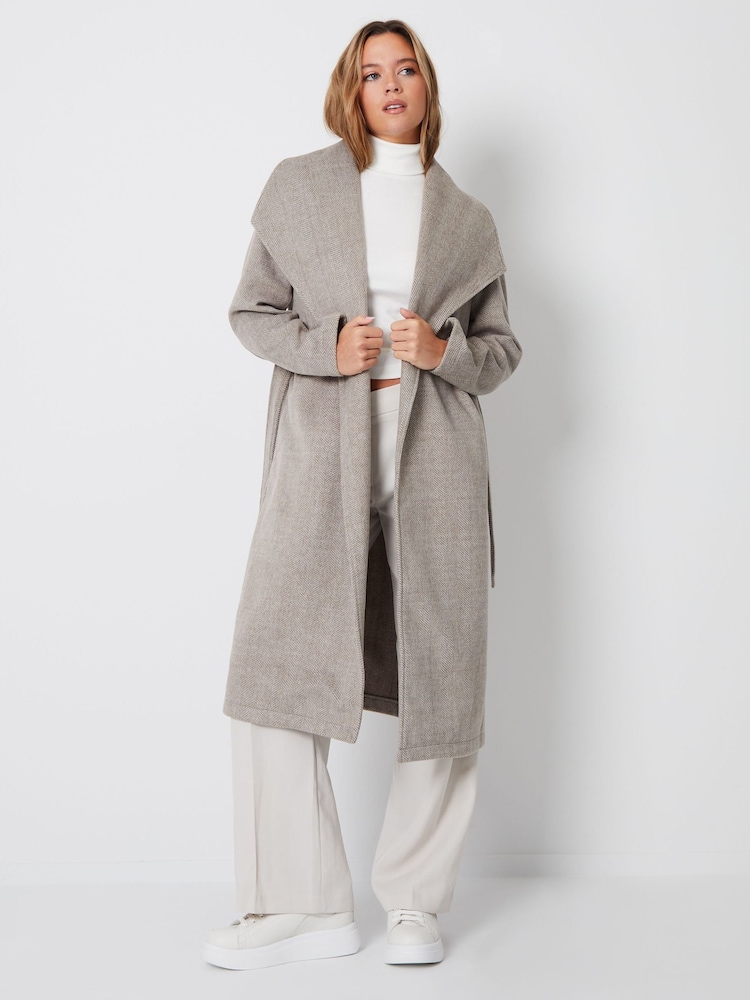 Threadbare Brown Shawl Collar Tie Waist Formal Maxi Coat - Image 1 of 4