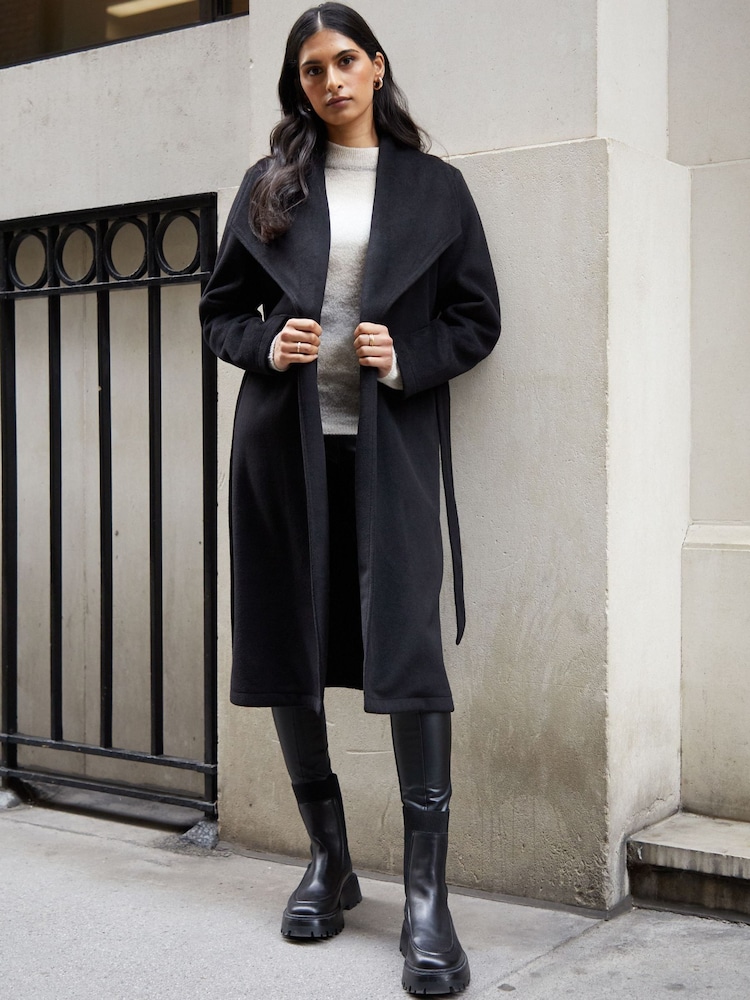Threadbare Black Shawl Collar Tie Waist Formal Maxi Coat - Image 1 of 6