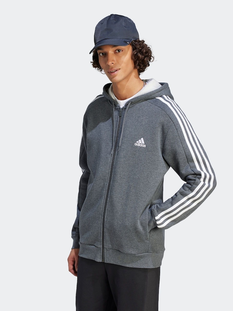 adidas Grey Essentials Fleece 3-Stripes Zip Up Hoodie - Image 1 of 6