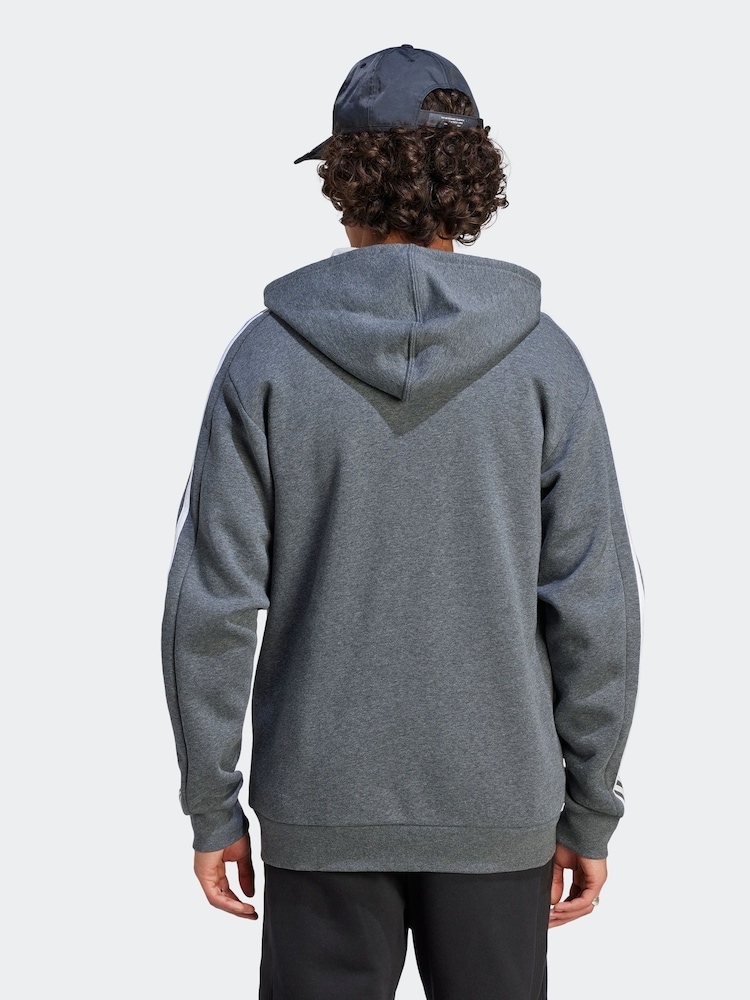 adidas Grey Essentials Fleece 3-Stripes Zip Up Hoodie - Image 2 of 6