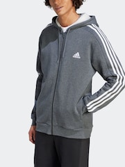 adidas Grey Essentials Fleece 3-Stripes Zip Up Hoodie - Image 4 of 6