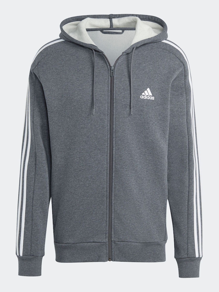 adidas Grey Essentials Fleece 3-Stripes Zip Up Hoodie - Image 6 of 6