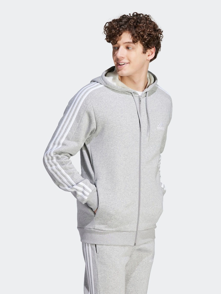 adidas Light Grey Essentials Fleece 3-Stripes Zip Up Hoodie - Image 1 of 7