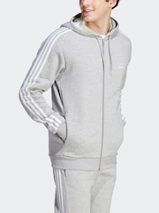 adidas Light Grey Essentials Fleece 3-Stripes Zip Up Hoodie - Image 2 of 7