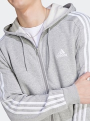 adidas Light Grey Essentials Fleece 3-Stripes Zip Up Hoodie - Image 5 of 7