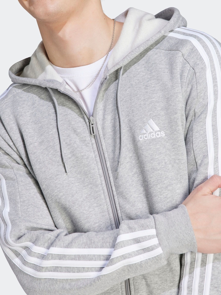 adidas Light Grey Essentials Fleece 3-Stripes Zip Up Hoodie - Image 5 of 7