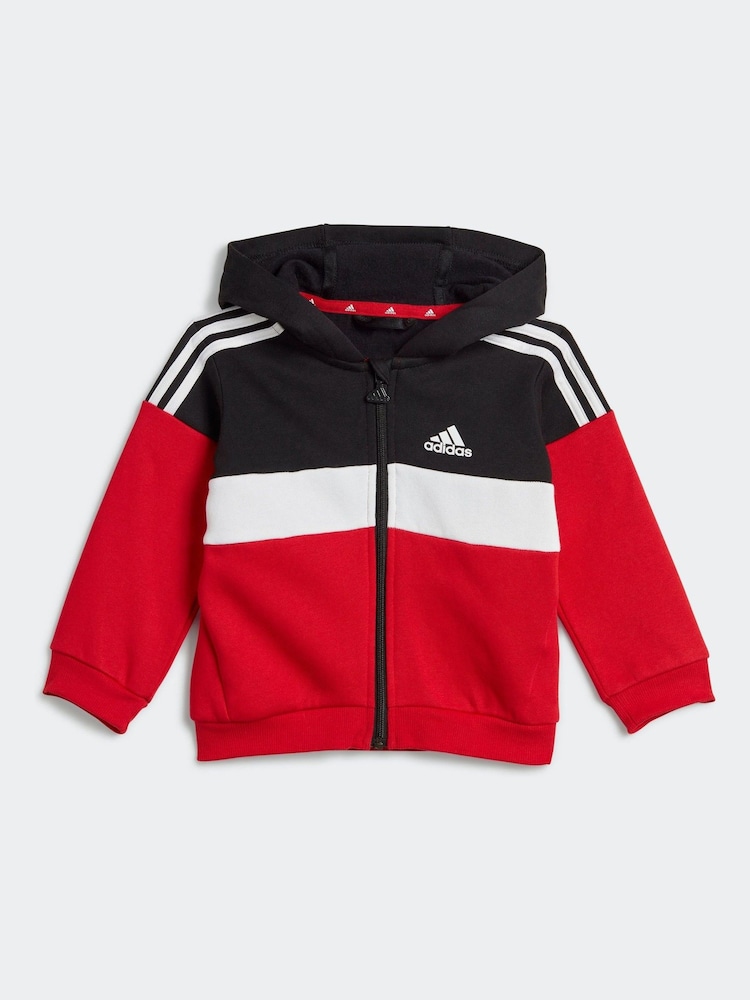 adidas Black/Red Kids Sportswear Tiberio 3-Stripes Colourblock Fleece Tracksuit - Image 2 of 7