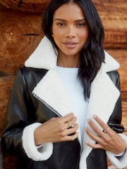 Threadbare Black Faux Fur Lined Aviator Jacket - Image 3 of 4