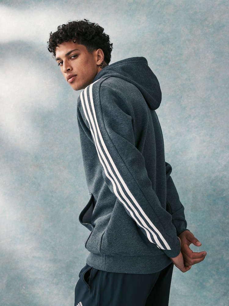 adidas Grey Essentials Fleece 3-Stripes Hoodie - Image 4 of 7