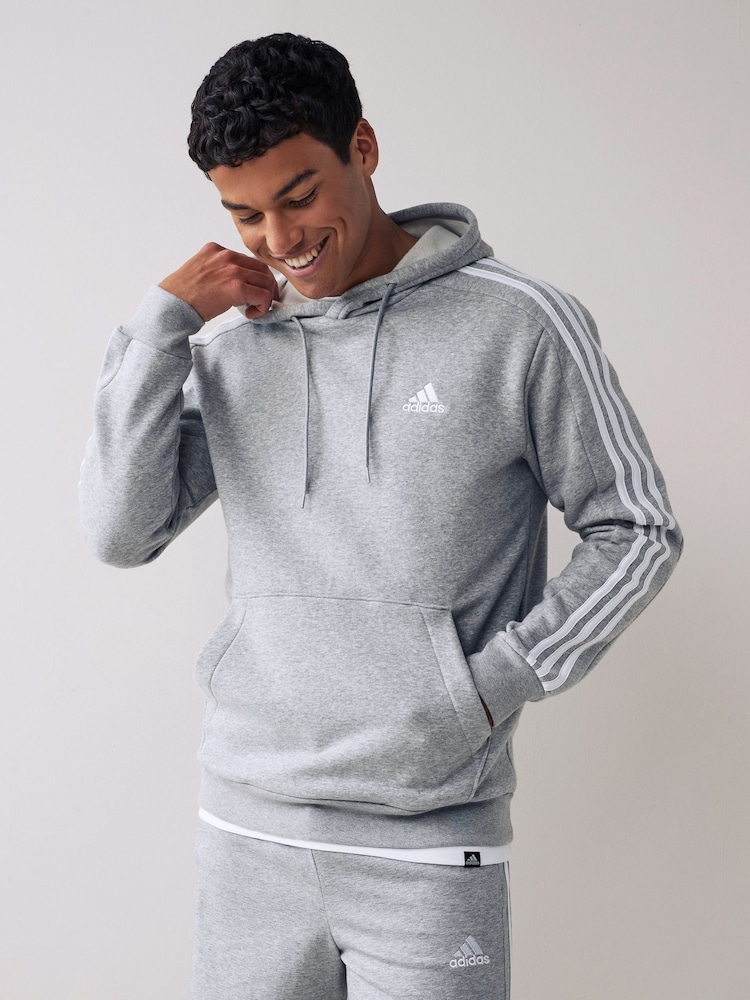 adidas Light Grey Essentials Fleece 3-Stripes 100% Cotton Hoodie - Image 1 of 8