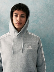 adidas Light Grey Essentials Fleece 3-Stripes 100% Cotton Hoodie - Image 5 of 8