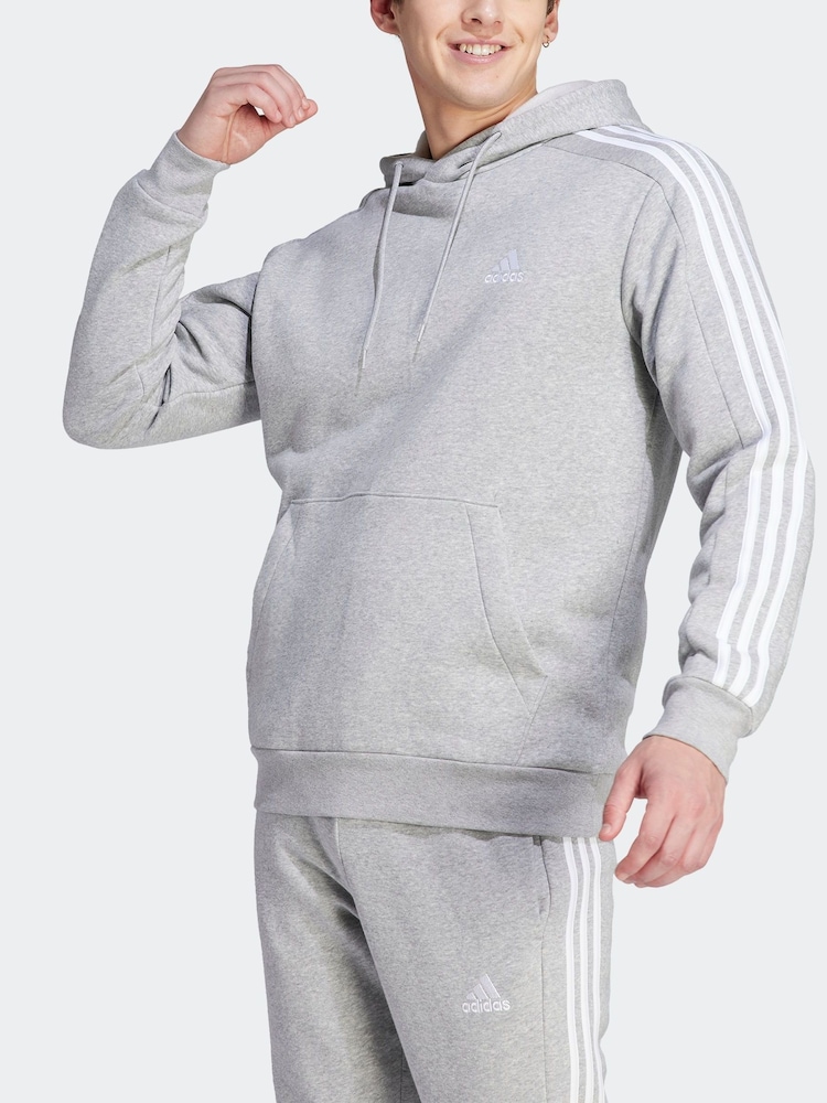 adidas Light Grey Essentials Fleece 3-Stripes 100% Cotton Hoodie - Image 8 of 8