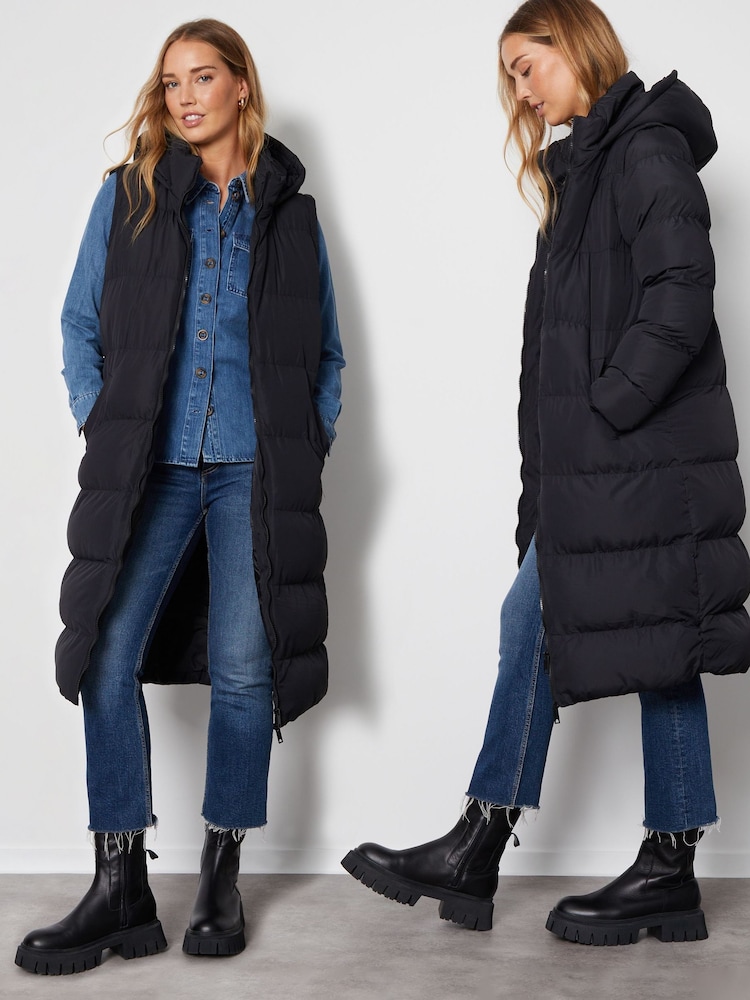 Threadbare Black Longline Hooded Padded Puffer Coat - Image 1 of 6