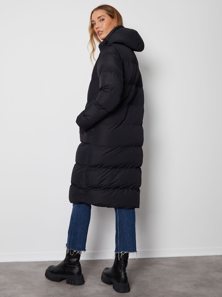 Threadbare Black Longline Hooded Padded Puffer Coat - Image 2 of 6