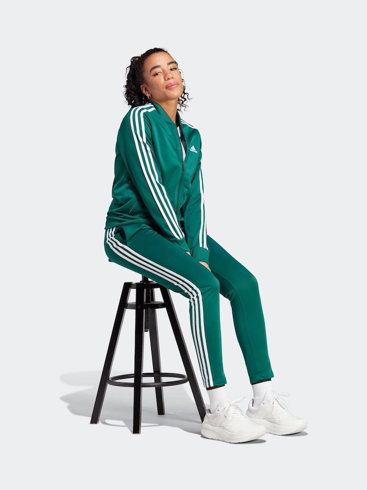 adidas Dark Green 3 Stripe Essentials Tracksuit - Image 3 of 8