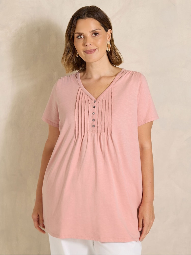 Evans Pink Short Sleeve Henley Top - Image 1 of 5 Evans Pink Short Sleeve Henley Top - Image 1 of 5
