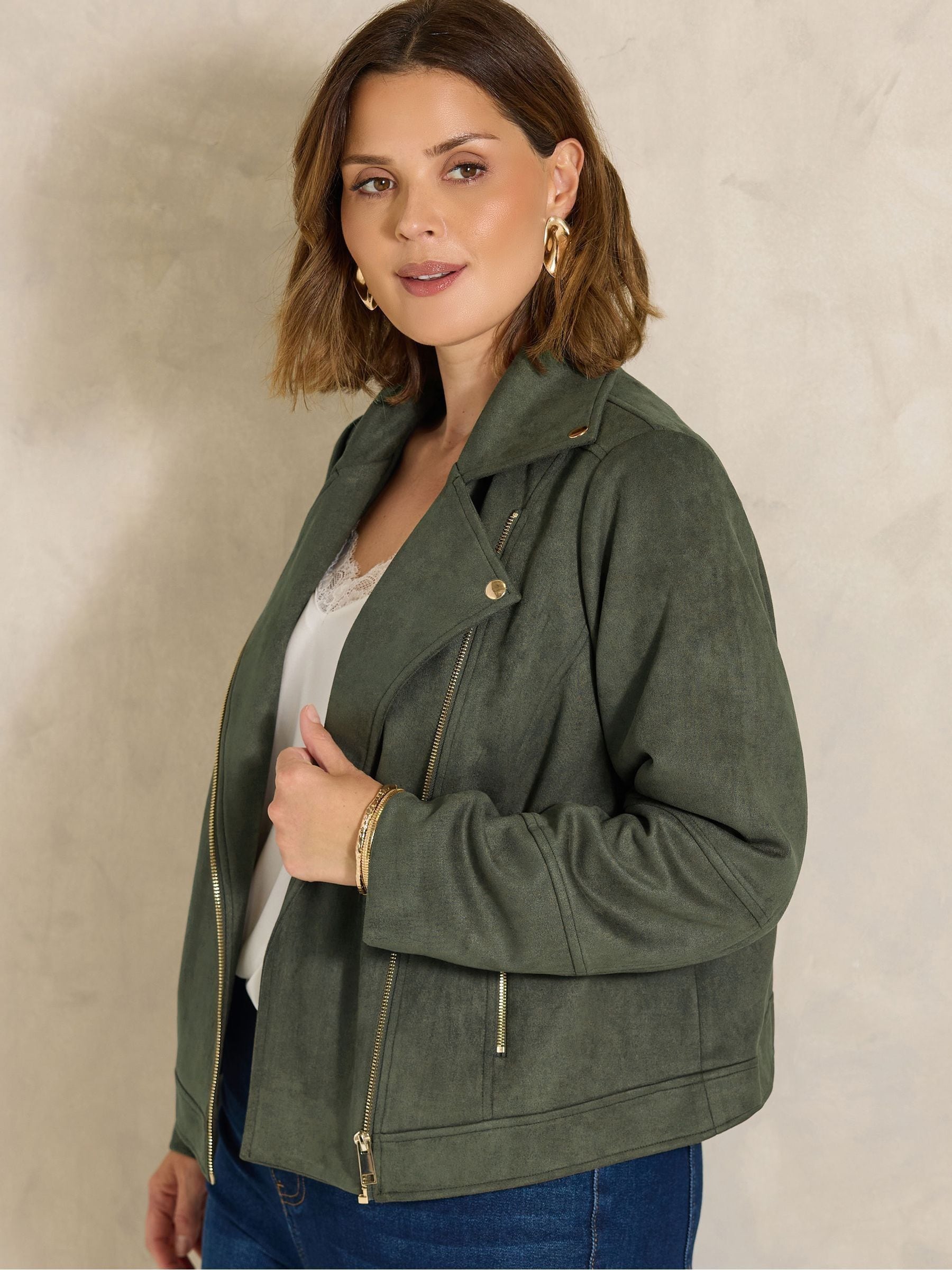 Evans Women's Green Plus Khaki Faux Suede Biker Jacket Size 30-32 - Image 2