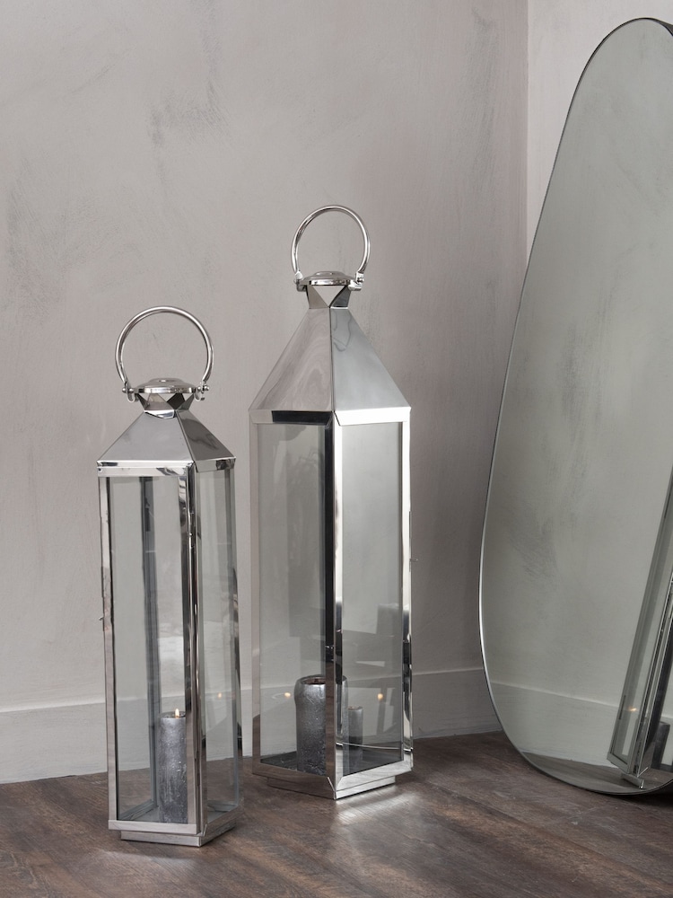 Libra Interiors Silver Sleek Tall Lantern with Glass Panels - Image 1 of 4