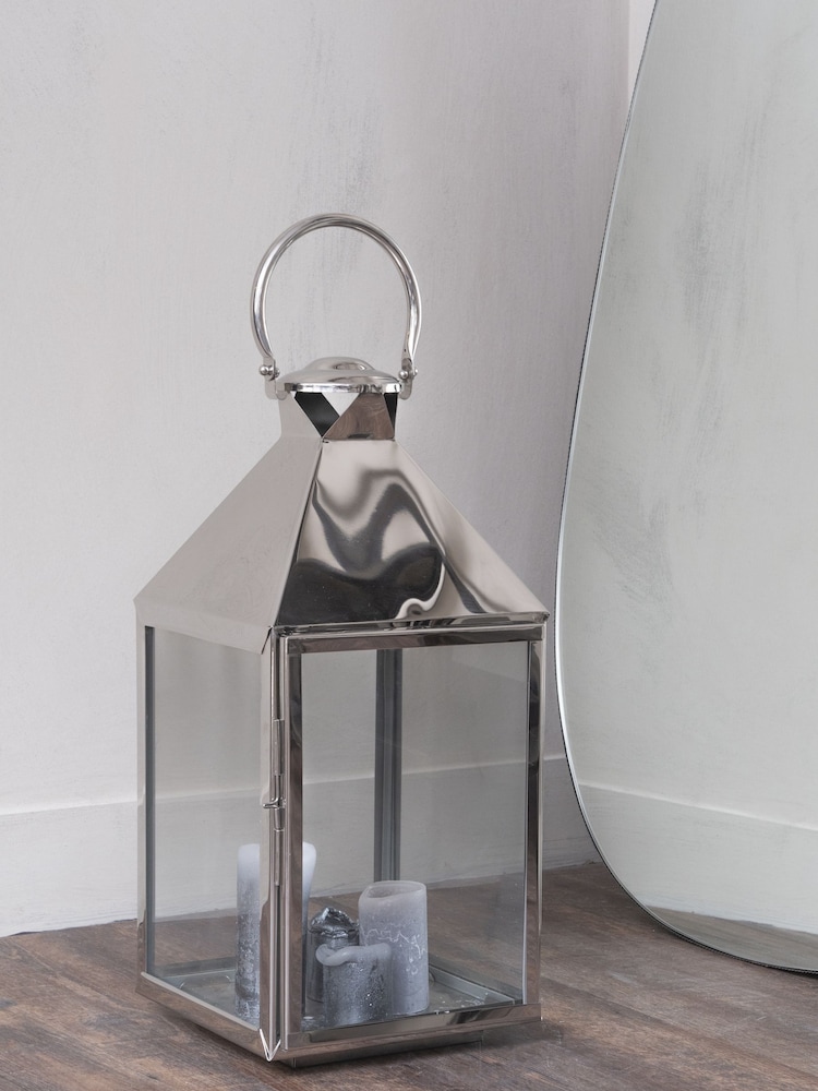 Libra Silver Sleek Square Lantern With Glass Panels - Image 1 of 4