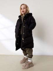 Black Longer Length Shower Resistant Faux Fur Lined Hooded Padded Coat (3-16yrs) - Image 2 of 9
