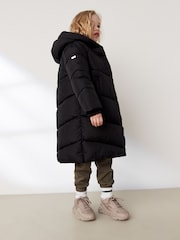 Black Longer Length Shower Resistant Faux Fur Lined Hooded Padded Coat (3-16yrs) - Image 4 of 9