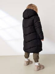 Black Longer Length Shower Resistant Faux Fur Lined Hooded Padded Coat (3-16yrs) - Image 5 of 9
