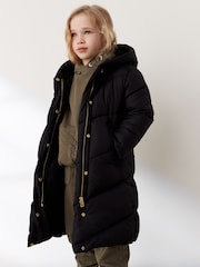 Black Longer Length Shower Resistant Faux Fur Lined Hooded Padded Coat (3-16yrs) - Image 6 of 9