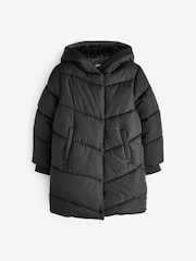 Black Longer Length Shower Resistant Faux Fur Lined Hooded Padded Coat (3-16yrs) - Image 7 of 9