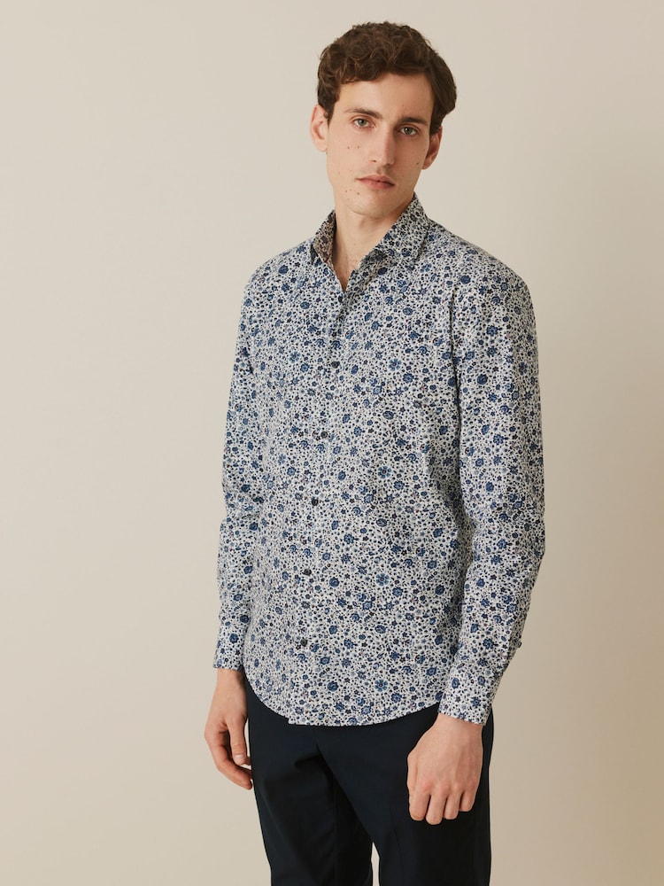 Blue Ditsy Floral Slim Fit Easy Care Printed Shirt - Image 1 of 9